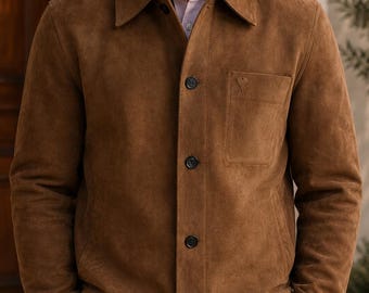 Men's Brown Suede Leather Jacket | Vintage Button Front Shirt Coat Handmade Rustic Fashion