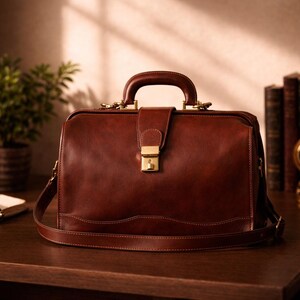 May include: A brown leather satchel with a top handle and a shoulder strap. The bag features a gold-coloured clasp and hardware. The satchel is on a wooden surface, with a plant and books in the background.