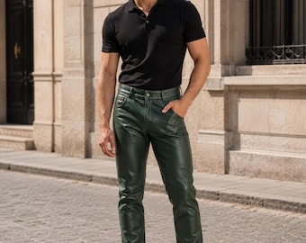 Mörkgröna herrbyxor i äkta läder | Handgjorda skinnbyxor i slim fit | Premium bikerjeans i läder | Casual modebyxor, present till män