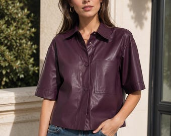 Burgundy Genuine Leather Cropped Shirt | Handmade Short Sleeve Blouse