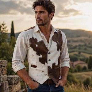 Men's Hair On Hide Leather Vest: Western Cowboy Waistcoat Handmade Rancher Style