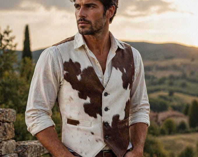 Featured listing image: Men's Hair On Hide Leather Vest: Western Cowboy Waistcoat Handmade Rancher Style