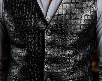 Men's Black Crocodile Embossed Leather Vest | Handmade Waistcoat, Formal Biker Style