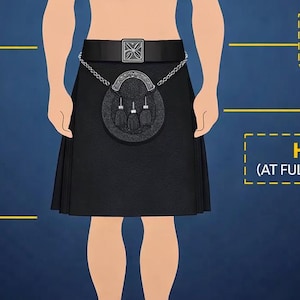 May include: Illustration of a black kilt with a matching sporran and belt. The image highlights the waist and hip measurements, with text labels. The kilt length is also indicated. The background is a gradient of dark blue.