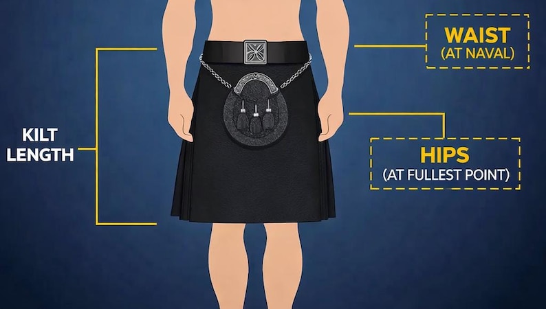 May include: Illustration of a black kilt with a matching sporran and belt. The image highlights the waist and hip measurements, with text labels. The kilt length is also indicated. The background is a gradient of dark blue.