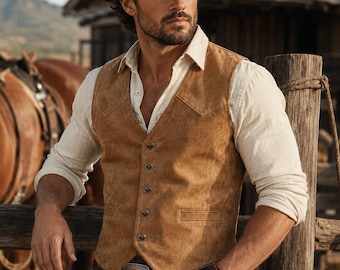 Herrväst i mocka, western, läder | Cowboyväst i ranchstil, brun, handgjord