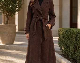 Women's Brown Suede Leather Trench Coat | Handmade Full Length Belted Overcoat