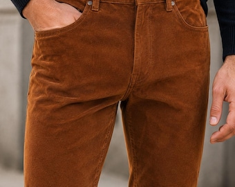 Herrbyxor i brunt mockaläder – Slim fit handgjorda westernbyxor