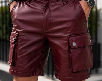 Herrshorts i vinröda läder – handgjorda i streetwear-stil