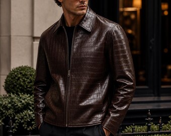 Men's Brown Crocodile Embossed Leather Jacket | Handmade Luxury Exotic Style