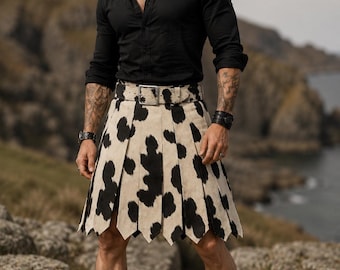Falda escocesa de cuero de vaca para hombre, piel con pelo blanco y negro, falda para festivales vikingos escoceses.