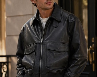 Men's Black Leather Bomber Jacket: Vintage Pilot Style, Oversized Zip-Up, Streetwear Coat