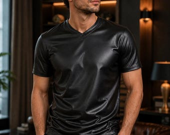 Men's Black Faux Leather V-Neck T-Shirt | Slim Fit Streetwear Tee