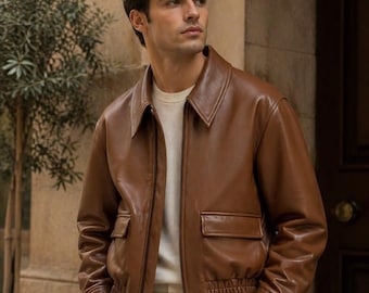 Men's Brown Faux Leather Bomber Jacket, Vintage Style Streetwear Coat