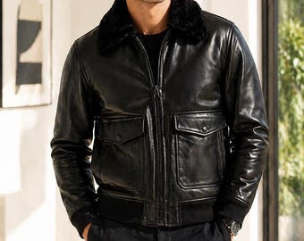 Men's Black Leather Bomber Jacket with Shearling Collar – Winter Aviator Streetwear Coat