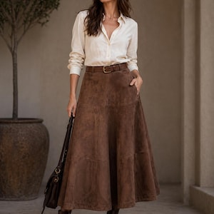 Women’s Brown Suede Leather Maxi Skirt | Handmade A-Line Flare Skirt | Vintage High Waist Leather Skirt | Boho Western Midi Skirt | Genuine Suede Fashion