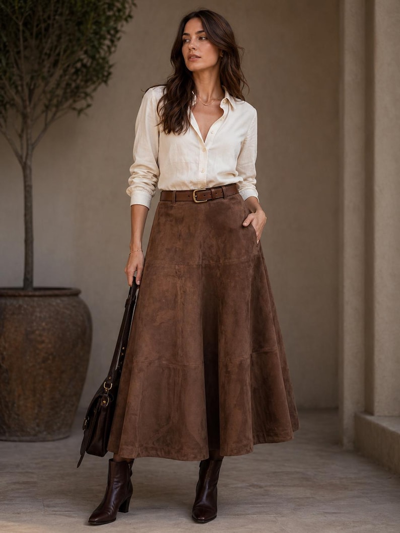 Women’s Brown Suede Leather Maxi Skirt | Handmade A-Line Flare Skirt | Vintage High Waist Leather Skirt | Boho Western Midi Skirt | Genuine Suede Fashion