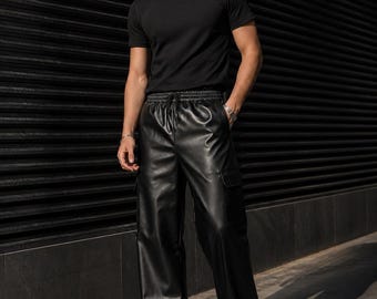 Men's Black Faux Leather Cargo Pants | Streetwear Wide Leg Trousers | Gothic Punk Style