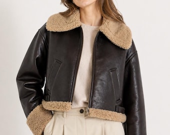 Women's Cropped Shearling Aviator Jacket – Brown Faux Fur Biker Coat