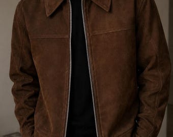 Herren Braune Wildlederjacke | Vintage Style Zip-Mantel | Handgefertigte Freizeitoberbekleidung