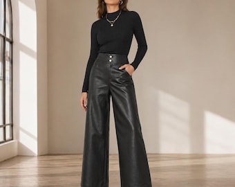 Black Faux Leather Wide Leg Pants | High-Waisted Palazzo Trousers | Street Style Fashion