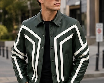 Men's Green Leather Racer Jacket | Handmade Genuine Biker Coat with White Stripes