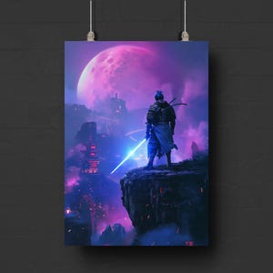 Neon Samurai Warrior Print: Futuristic Japanese Art, Pink Moon City view