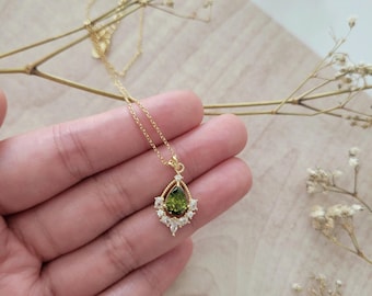 Green Teardrop CZ Pendant Necklace: 14k Gold Plated S925 Silver