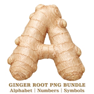 Op de afbeelding: Een digitaal gemaakte letter "A" gevormd uit een gemberwortel. De gember is lichtbruin met een textuur en ribbels. De afbeelding bevat de tekst "GINGER ROOT PNG BUNDLE Alphabet | Numbers | Symbols" in goud.