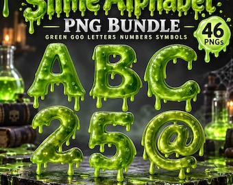 Puede incluir: Un paquete digital de 46 archivos PNG con un alfabeto, números y símbolos de slime. Cada carácter tiene una textura de baba verde brillante y goteante. El texto dice Slime Alphabet PNG BUNDLE, 46 PNGs y Dripping Slime Clipart.
