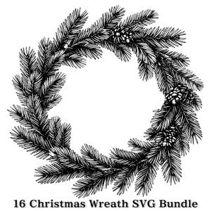 Peut inclure: Une illustration en noir et blanc au trait représentant une couronne de Noël circulaire composée de branches de pin et de pommes de pin. Sous la couronne, le texte indique 16 Christmas Wreath SVG Bundle. Le design présente des textures d'aiguilles détaillées.