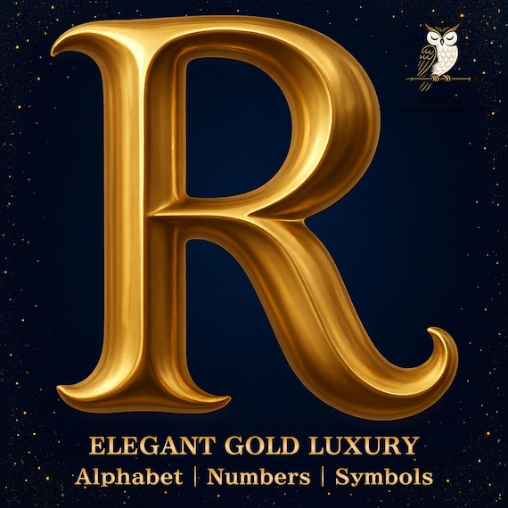 Gold Alphabet PNG, Elegant Metallic Letters, Numbers, Symbols, Luxury Font Clipart, Shiny 3D Golden Typography, 300 DPI, Digital Download