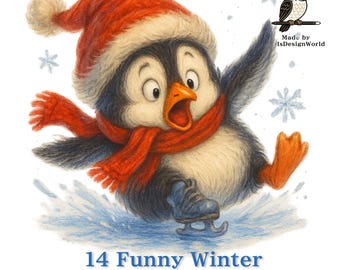 Paquete de 14 imágenes prediseñadas de pingüinos de invierno, pingüinos lindos y juguetones PNG, animales nevados en acuarela, conjunto de ilustraciones árticas acogedoras, descarga digital