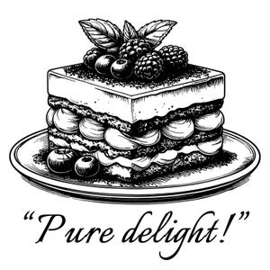 May include: Black and white illustration of a layered dessert on a plate, topped with berries and mint leaves. The dessert has multiple layers of cake and cream. The text "Pure delight!" is below the plate.