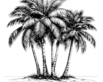 May include: Black and white illustration of a group of palm trees. The image features detailed line art of the trees' trunks, fronds, and the ground they are rooted in. Text at the bottom reads "16 Palm Tree SVG Bundle."