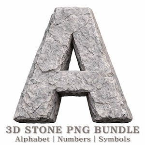 May include: A large, gray stone letter "A" with a rough, textured surface. The letter is part of a 3D Stone PNG Bundle, including alphabet, numbers, and symbols. The stone has a natural, weathered appearance.