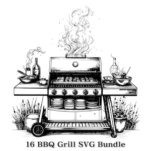 May include: Black and white illustration of a BBQ grill with smoke and flames. The grill has a cooking surface with food, side tables with bowls, bottles, and plates. The text "16 BBQ Grill SVG Bundle" is at the bottom.