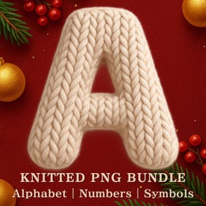 Peut inclure: Une lettre "A" tricotée de couleur crème sur un fond rouge, faisant partie d'un "KNITTED PNG BUNDLE" comprenant l'alphabet, les chiffres et les symboles. L'image comprend des ornements et des baies de Noël.