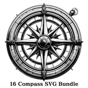 May include: Detailed black and white illustration of a compass rose. The design includes a central starburst and a circular frame. The image has the text "16 Compass SVG Bundle" at the bottom.