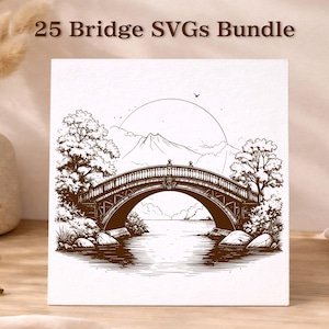 Vintage bro SVG-paket, 25 arkitektoniska broillustrationer, gravyrlandskapsclipart, tatueringsdesign, trädekor, linjekonst