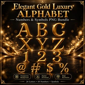 Alfabeto dorado PNG, elegantes letras metálicas, números, símbolos, imágenes prediseñadas de fuentes de lujo, tipografía dorada brillante en 3D, 300 DPI, descarga digital