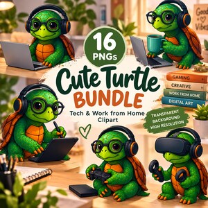 16 Cute Turtle PNGs Bundle, Tech & Work from Home Turtles Clipart, Watercolor Animal Illustrations, Gamer, Creator Art, Digital Download