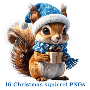 May include: A cute cartoon squirrel wearing a blue hat and scarf with white snowflake patterns, holding a small gift box. The squirrel has brown fur and a fluffy tail. Text at the bottom reads "16 Christmas squirrel PNGs."