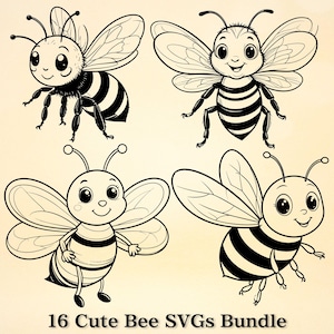 Könnte beinhalten: Eine Sammlung von vier Cartoon-Bienen-Illustrationen in Schwarz und Weiß. Jede Biene hat ein lächelndes Gesicht, Flügel und gestreifte Körper. Der Text unten lautet "16 Cute Bee SVGs Bundle".