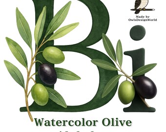 Könnte beinhalten: Aquarellillustration des Buchstabens "B" und der Zahl "1" in Dunkelgrün, verziert mit Olivenzweigen mit grünen und schwarzen Oliven. Der Text "Watercolor Olive Alphabet" befindet sich unten, mit einem Eulenlogo.