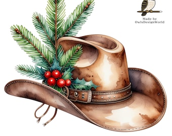 25 kerst cowboyhoed clipart png bundel, westerse vakantie aquarel met dennen, bessen, rustiek decor, feestelijke land kerst download