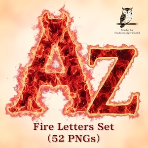 Puede incluir: Imagen de las letras "A" y "Z" en llamas, con gradientes de rojo y naranja. El texto "Fire Letters Set (52 PNGs)" se muestra debajo. Un logotipo de un búho está en la esquina superior derecha.