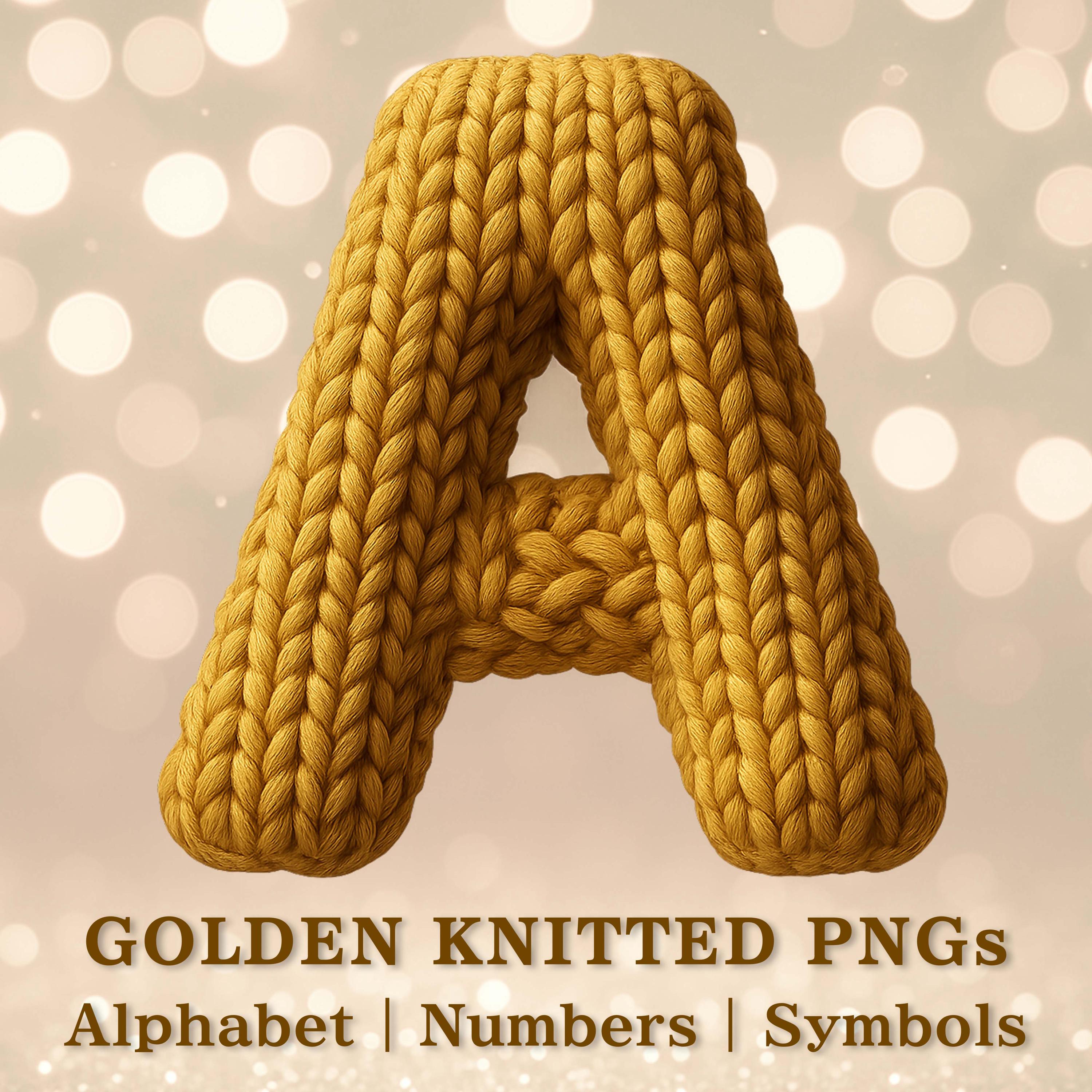 Golden Knitted Alphabet PNG Bundle, Cozy Yarn Letters, Numbers, Symbol ...
