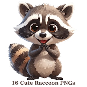 Puede incluir: Ilustración de dibujos animados de un mapache sonriente con pelaje marrón y gris, ojos marrones grandes y una cola rayada. El mapache está de pie con las patas juntas. El texto en la parte inferior dice "16 Cute Raccoon PNGs".