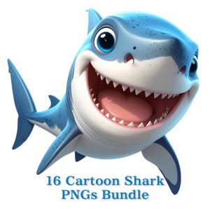 Könnte beinhalten: Ein lächelnder Cartoon-Hai in Blau und Weiß mit großen Augen und scharfen Zähnen. Am unteren Rand des Bildes steht der Text "16 Cartoon Shark PNGs Bundle".